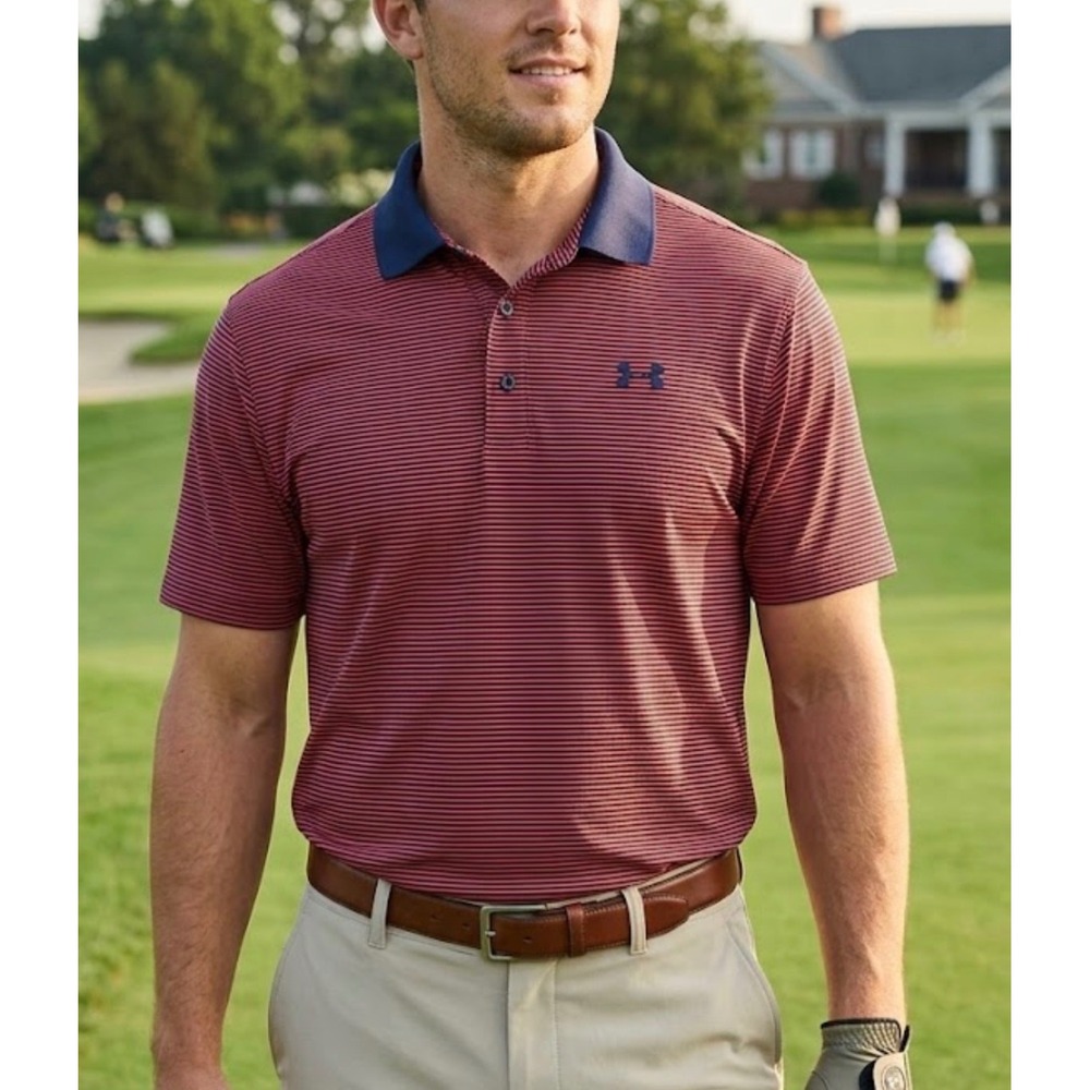Under Armour Mens HeatGear Polo Shirt Red Navy Blue Striped Golf Short Sleeve XL